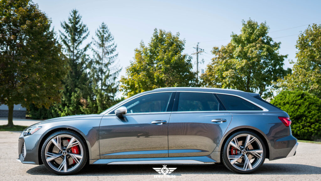 Side profile of a grey Audi RS6 Avant with Gtechniq CSL ceramic coating and XPEL XR Plus window tint.