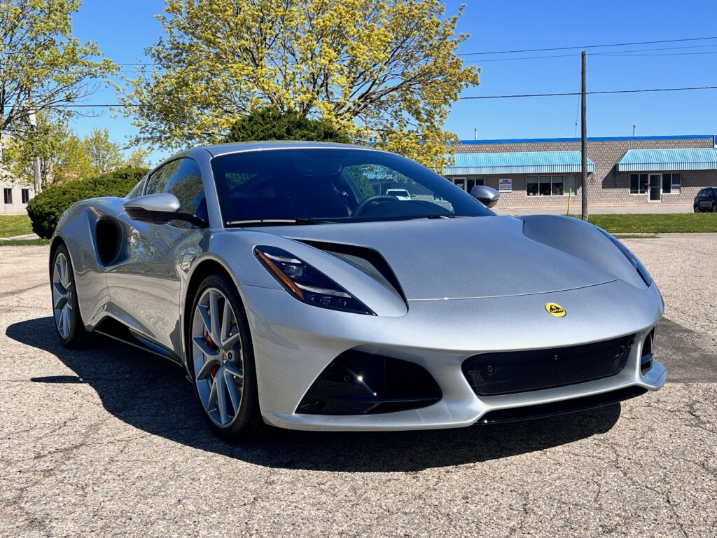 Front three-quarter view of a silver Lotus Emira with full body XPEL Ultimate Plus PPF at EEwaterloo Auto Detailing in Waterloo.