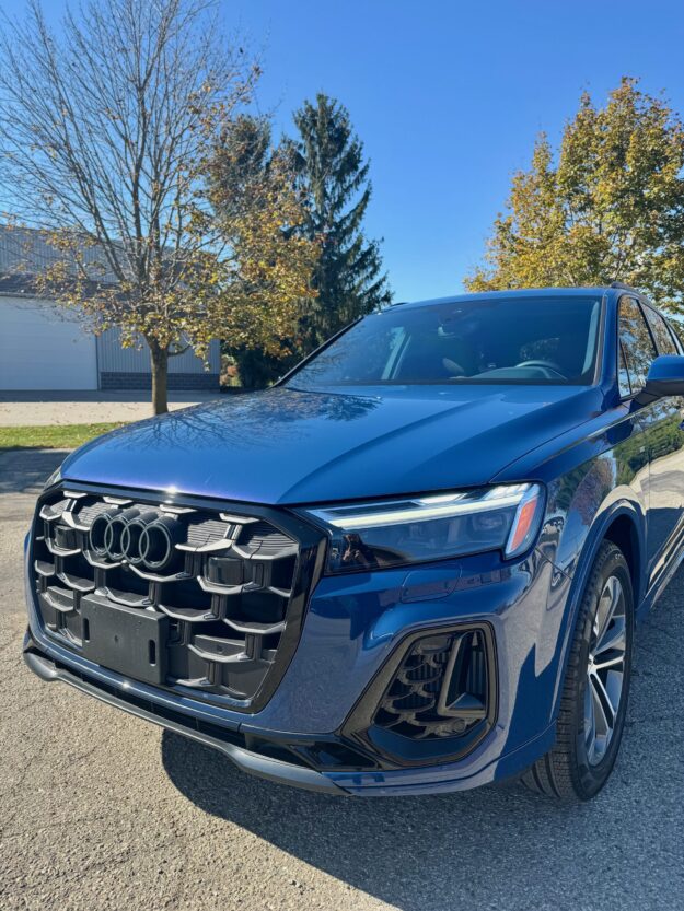 Blue Audi Q7 with XPEL full front paint protection film at EEWaterloo Auto Detailing in Waterloo